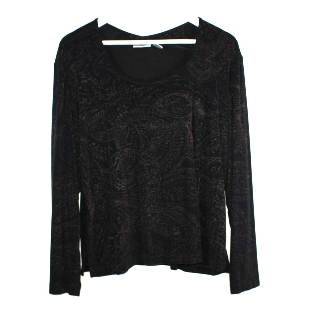 Chico's Travelers Blouse XL LongSleeved Black Paisley Stretch Lagenlook Packable